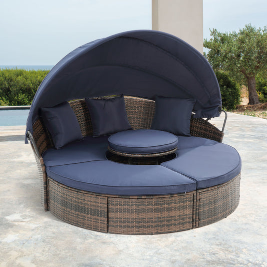 Cove Outdoor Rattan Round Lounge With Canopy - Navy Blue