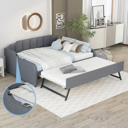 Clair Full Size Daybed with Trundle and USB Chargings - Gray