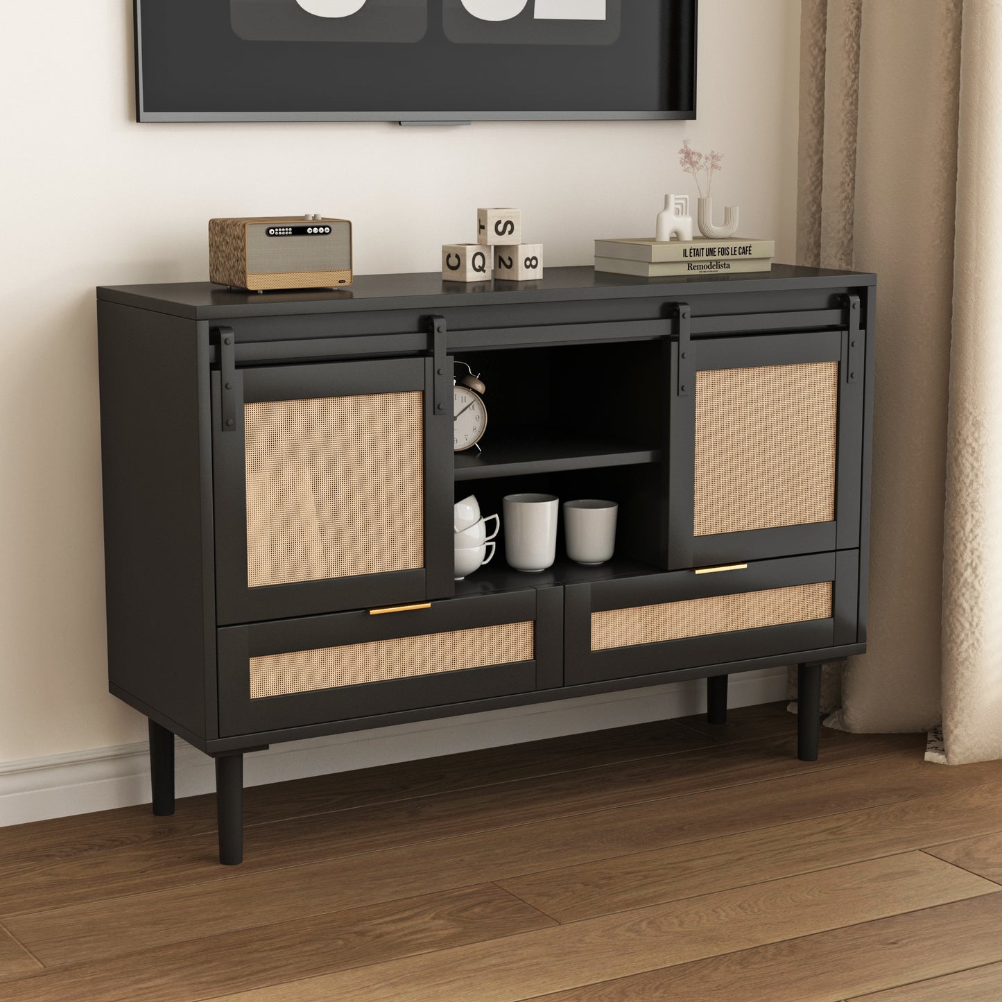 Sliding Barn Door Storage Cabinet - Black