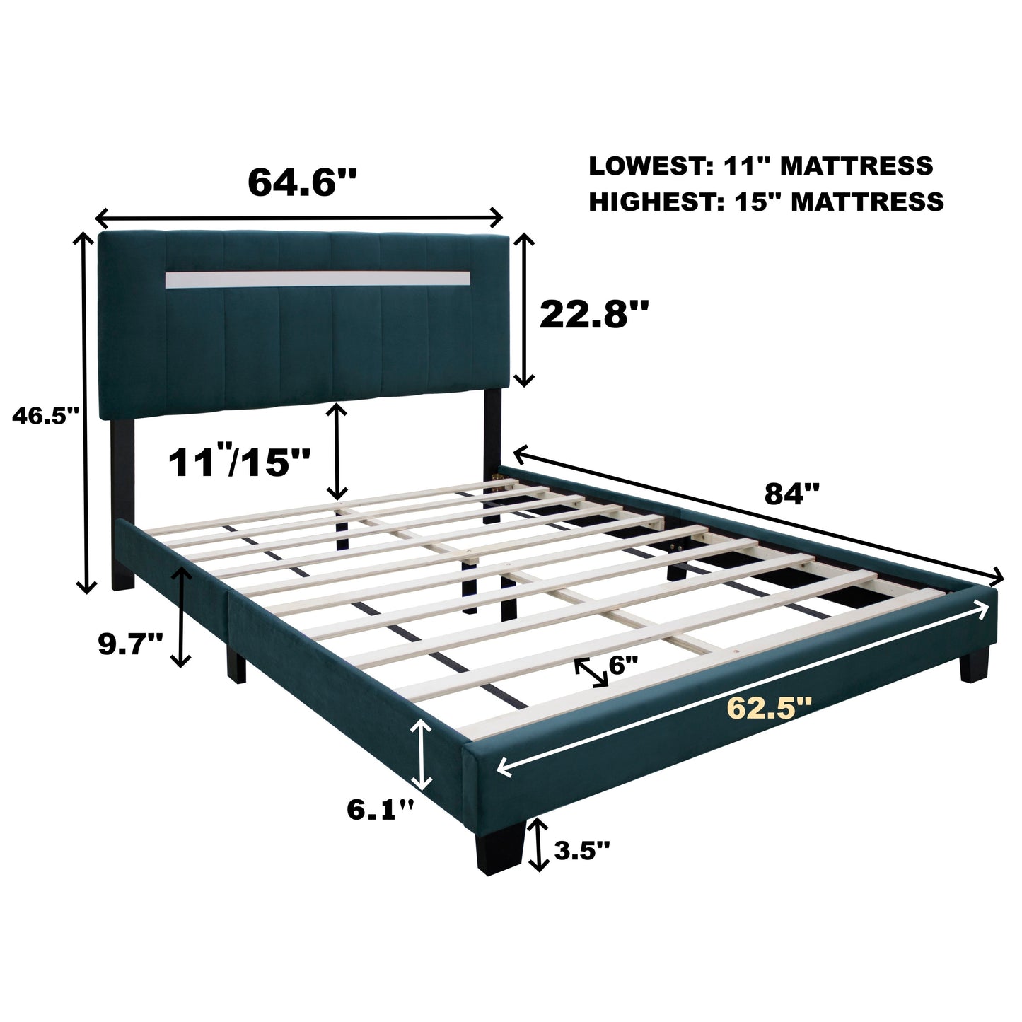 York Queen Size Platform Bed with Adjustable Height - Green