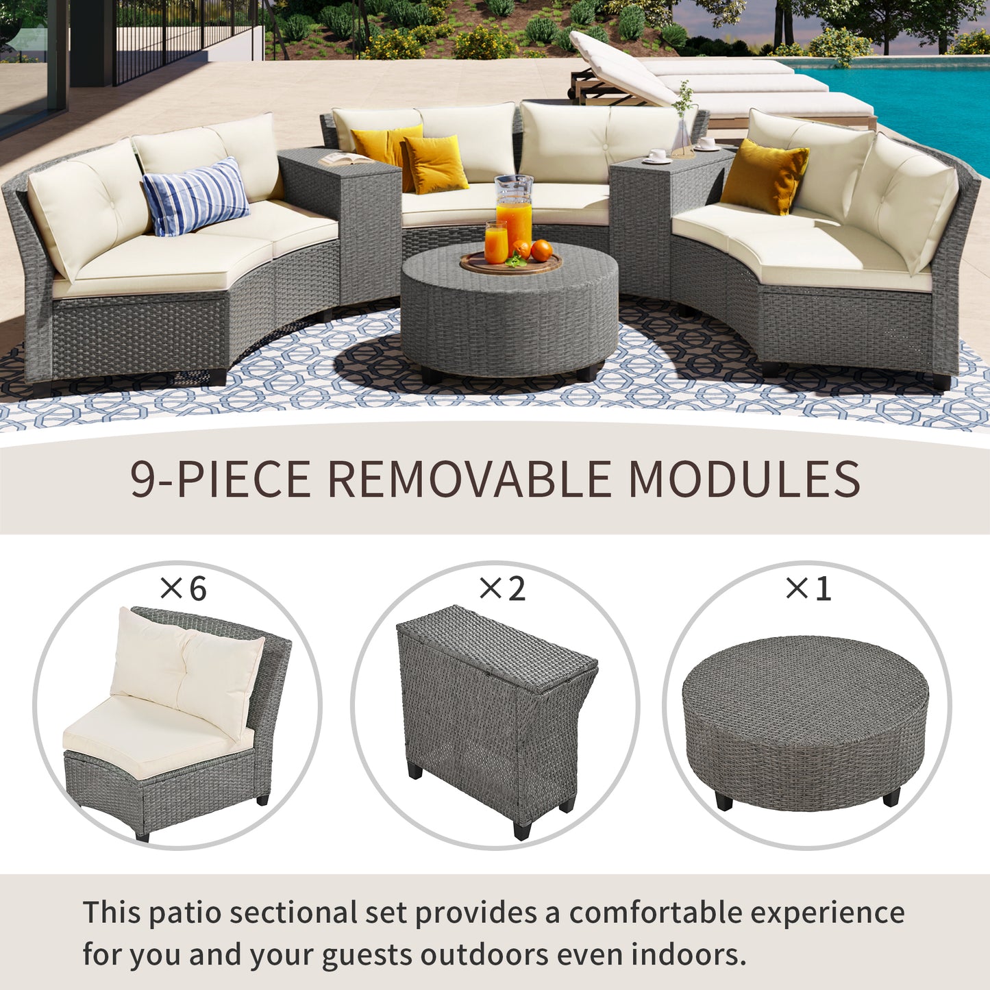 Hester 8 Pc Outdoor Rattan Wicker Half-Moon Sectional Sofa Set - Beige