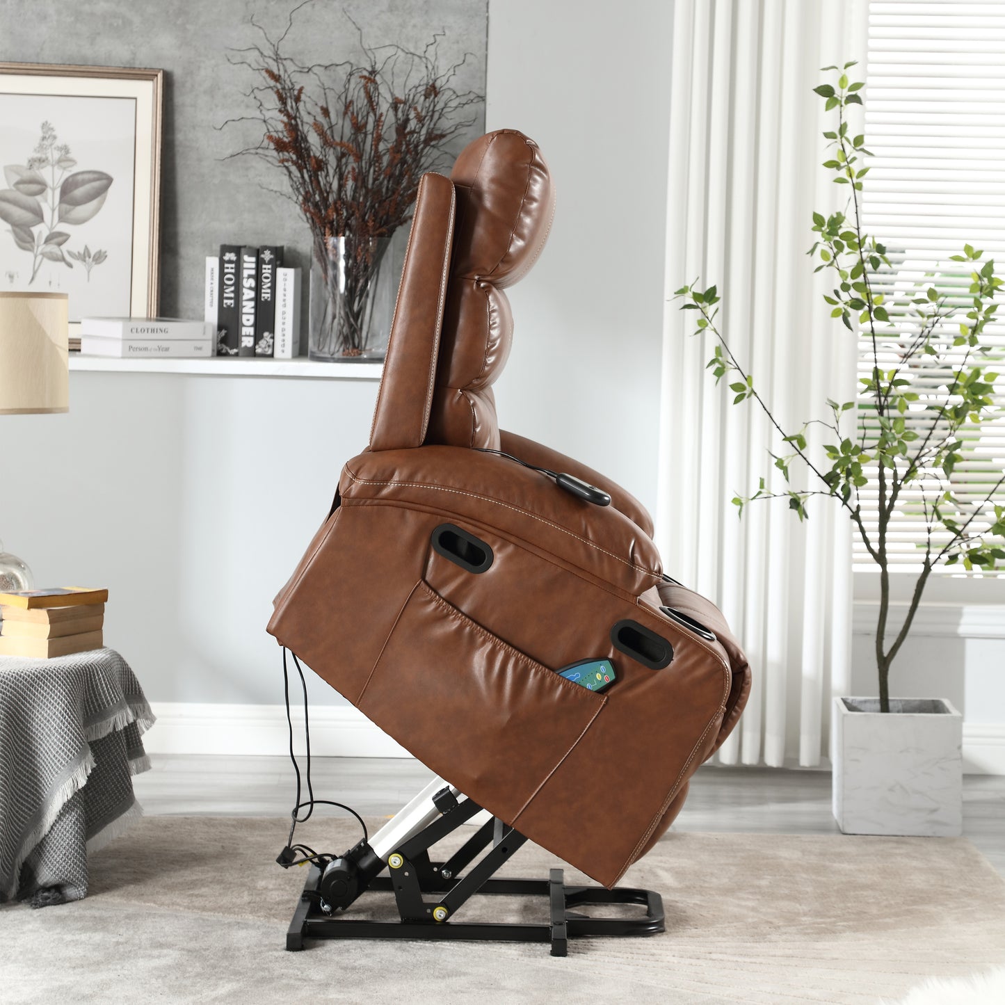 Elias Large Power Lift Recliner Chair with Massage - Brown