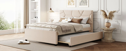 Brick Full Size Upholstered Platform Bed with Twin Size Trundle - Beige