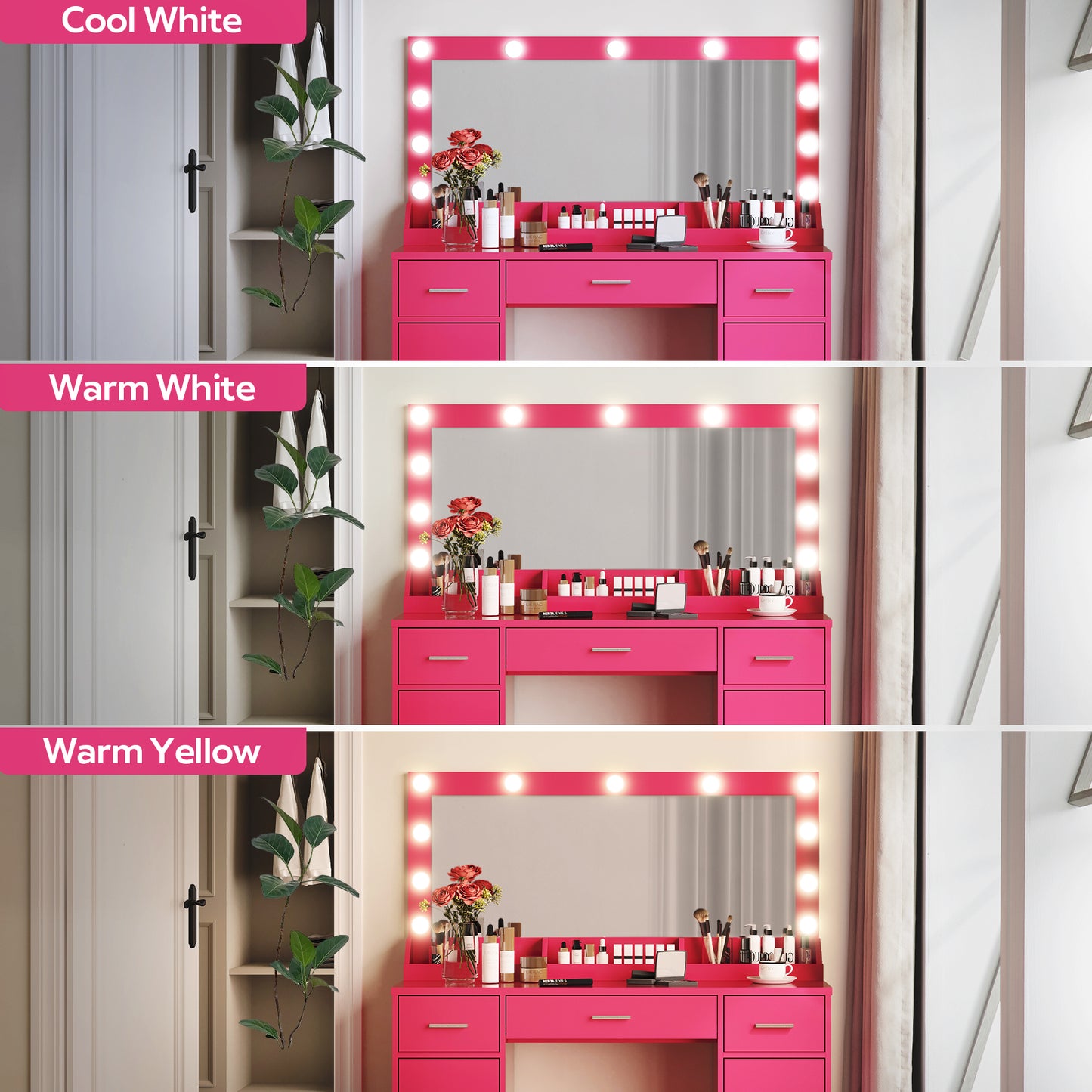 Astrid Makeup Vanity Table With Large Mirror and 3 Colour Lighting  - Rose Pink