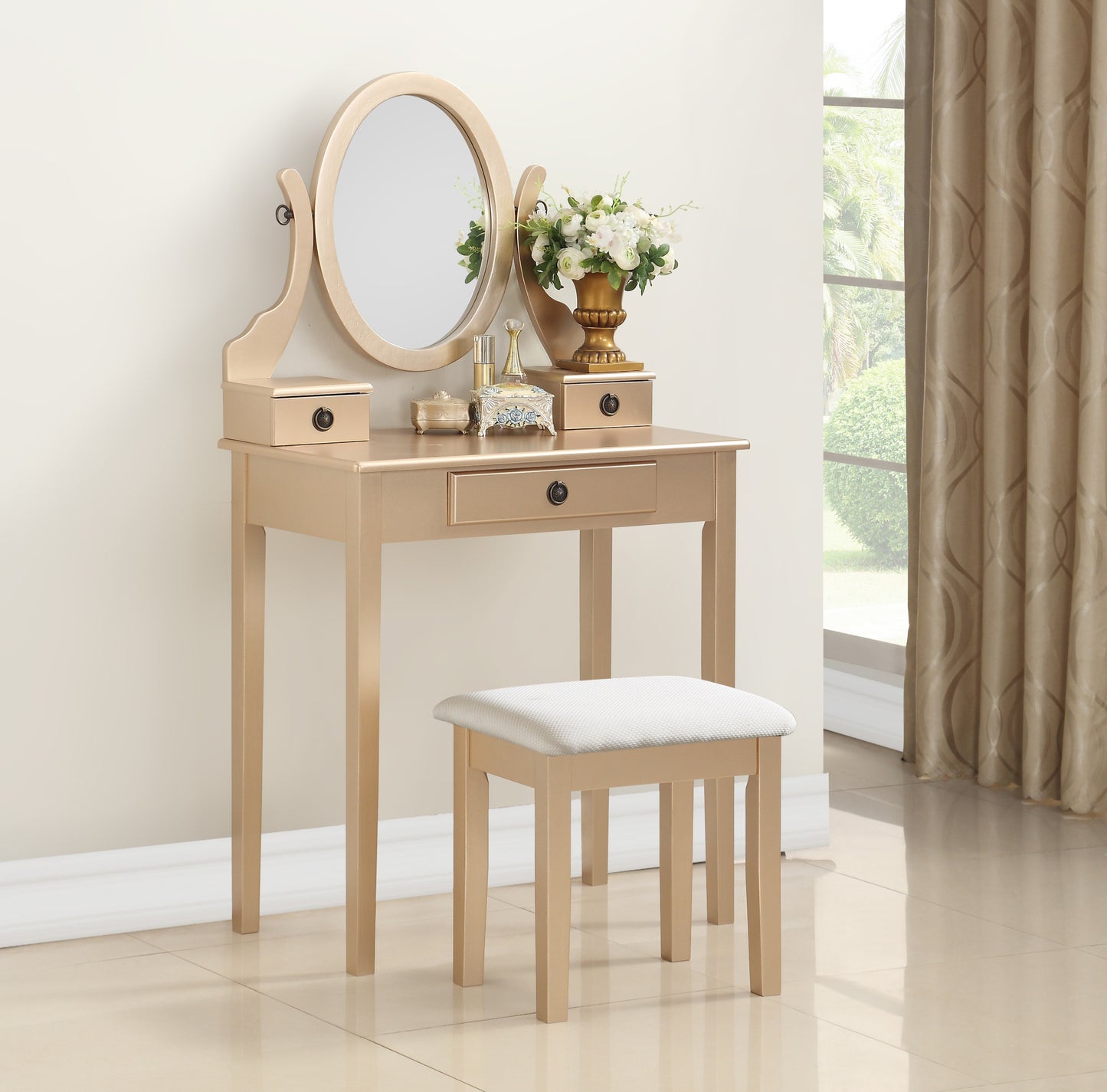 Moniya Makeup Vanity Table and Stool Set - Gold