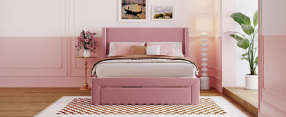 Renni Full Size Velvet Platform Bed Frame with Drawer - Pink