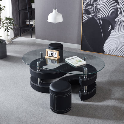 The S Coffee Table Set, Oval Tempered Glass Table and 2 Leather Stools -Black