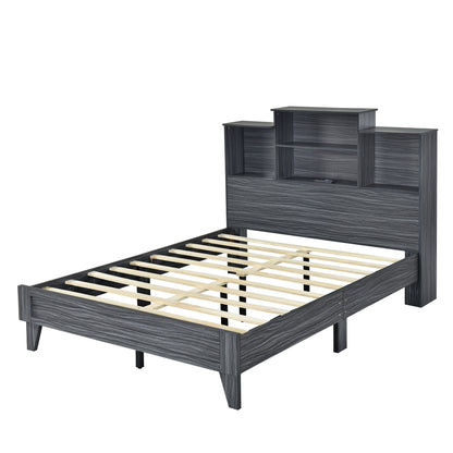 Taz Full Size Platform Bed Frame with 4 Open Storage Shelves - Gray