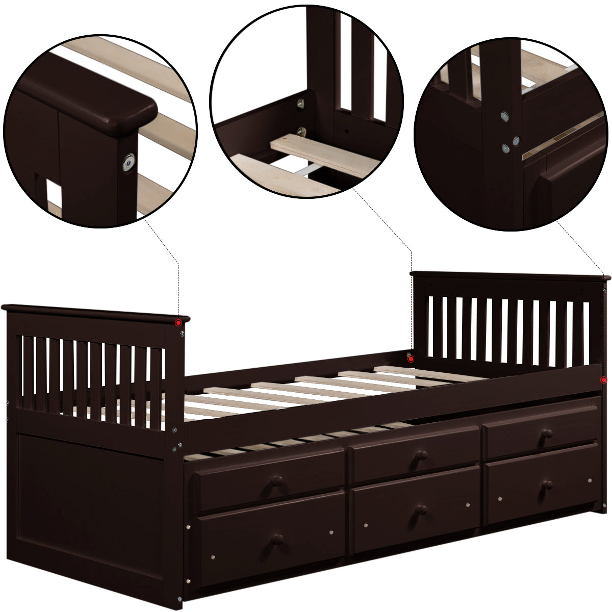 Abby Twin Daybed with Trundle Bed and Storage Drawers - Espresso