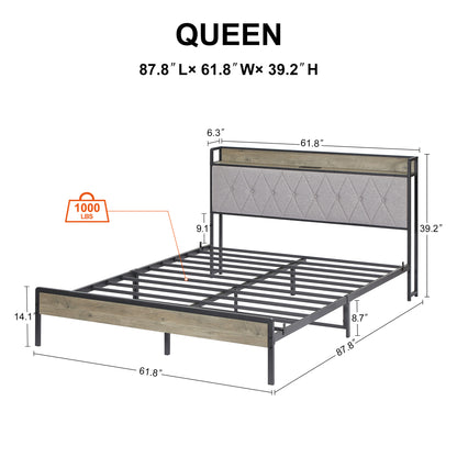 Biony Queen Size Metal Bed Frame W Charging Station - Gray