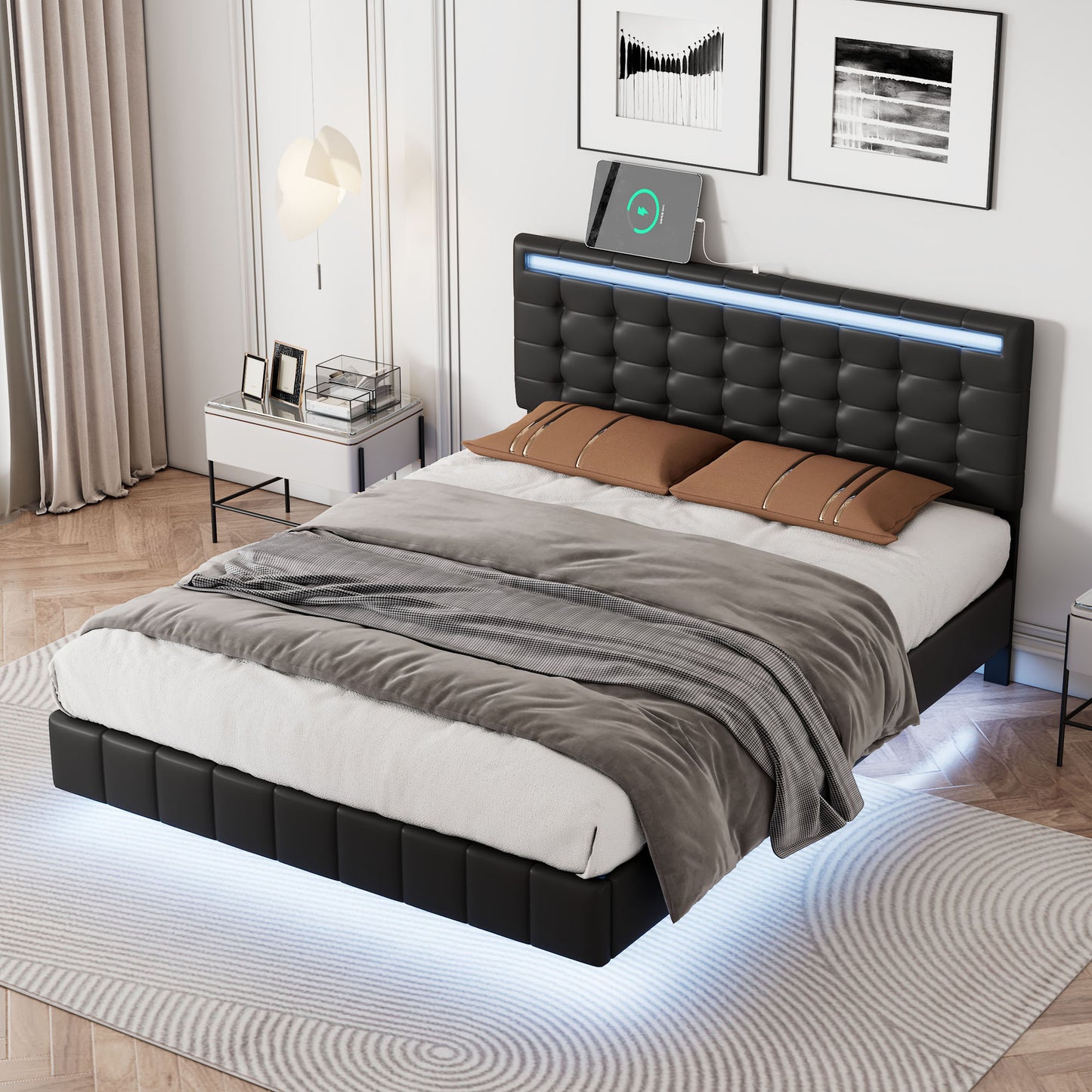 Marc Full Size Floating Bed Frame with LED - Black