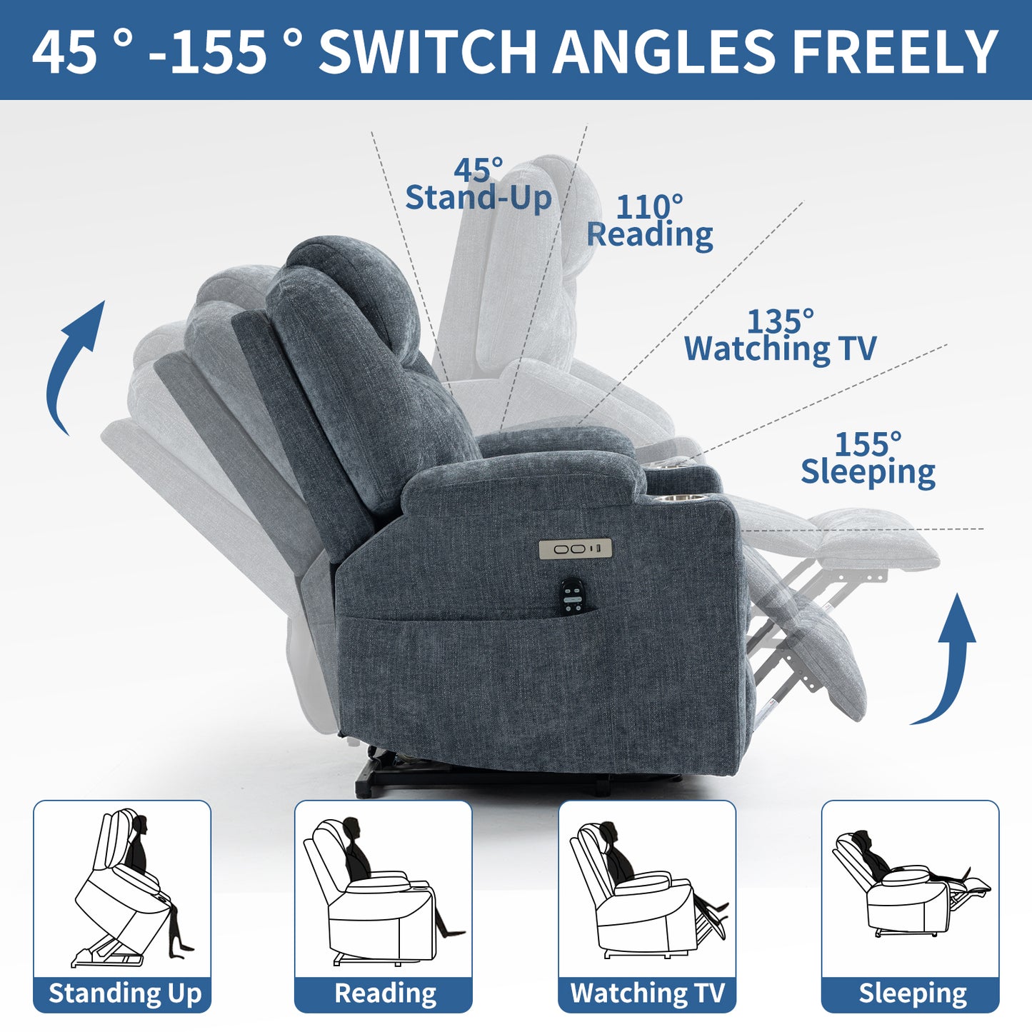 Okin Power Lift Chenille Recliner with Massage & Heat - Blue