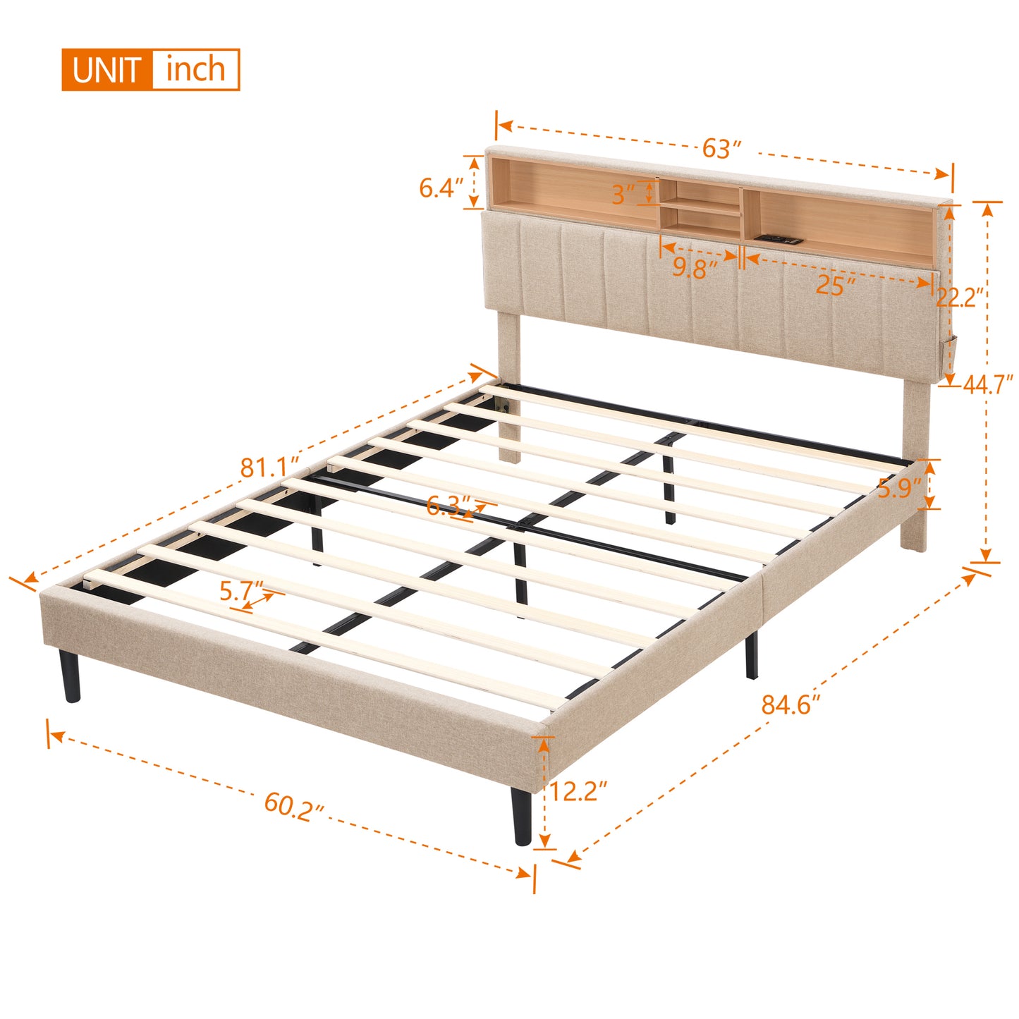 Alvin Queen Size Platform Bed Frame - Beige