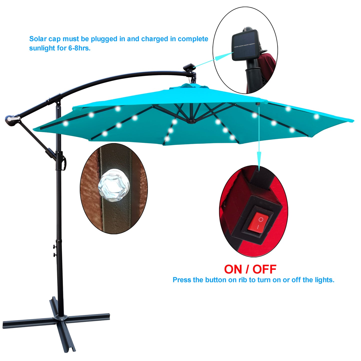 Alexa 10 ft Outdoor Umbrella Solar LED with Cross Base - Turquoise