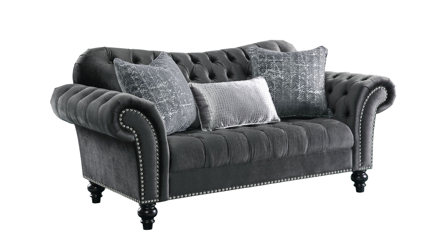 Gaura Velvet Loveseat w/3 Pillows - Dark Gray