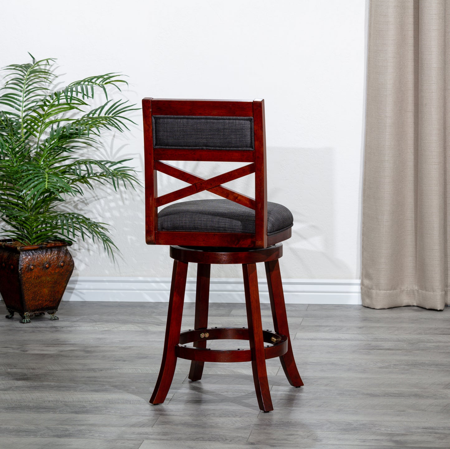 Counter Height X-Back Swivel Stool, Cherry Finish, Charcoal Fabric Seat