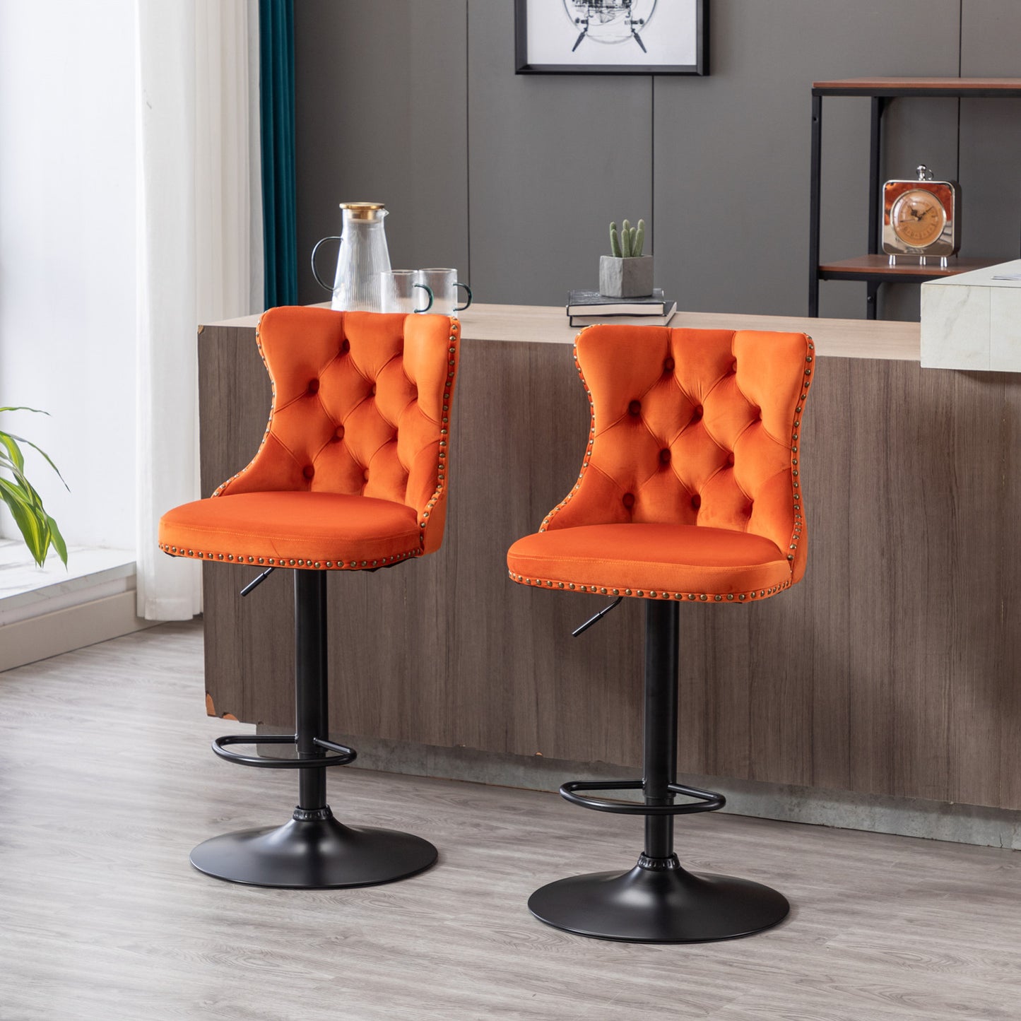 Rise 180 Velvet Barstools Adjusatble Seat Height - Orange Set of 2