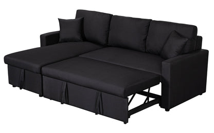 Paisley Linen Fabric Reversible Sleeper Sectional Sofa with Storage - Black