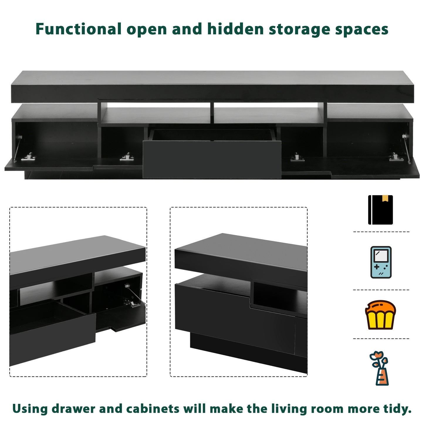 Seco High Gloss TV Stand Entertainment Center - Black