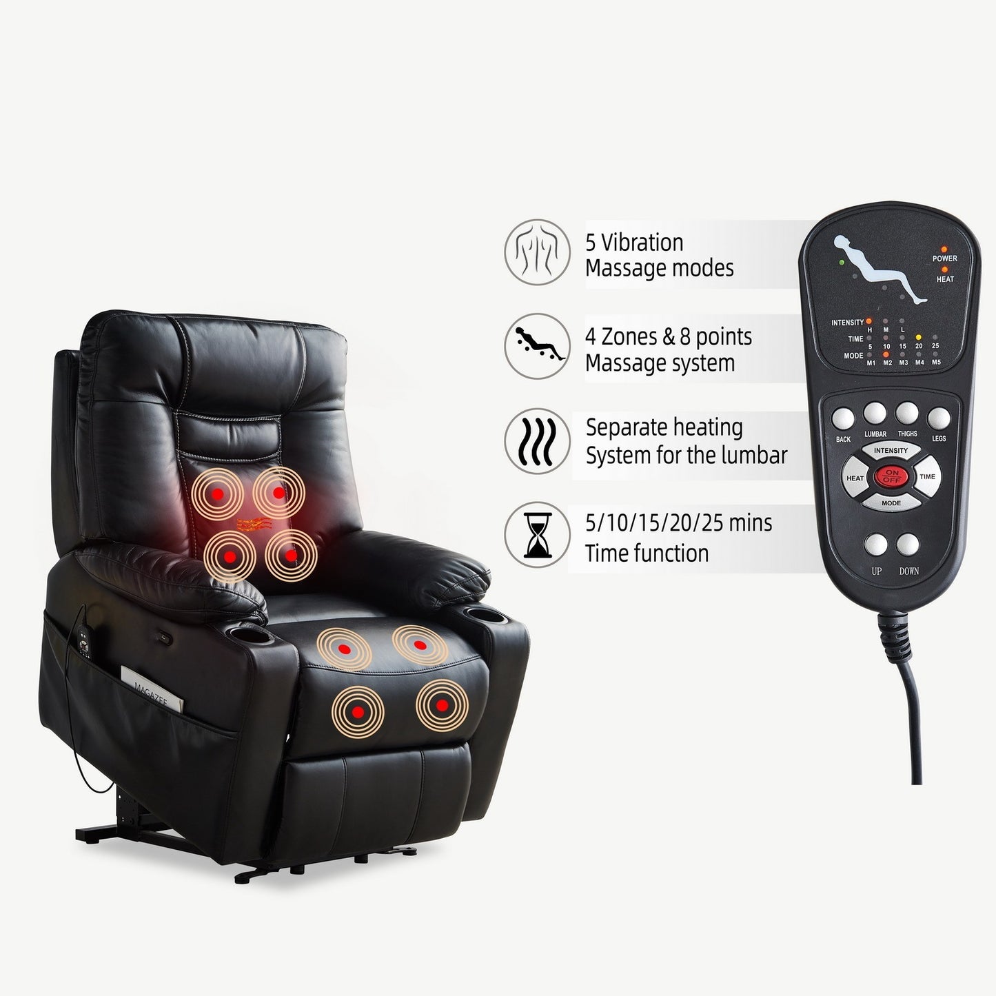 Cove Large size Electric Power Lift Recliner Chair with Massage and Heat - Black