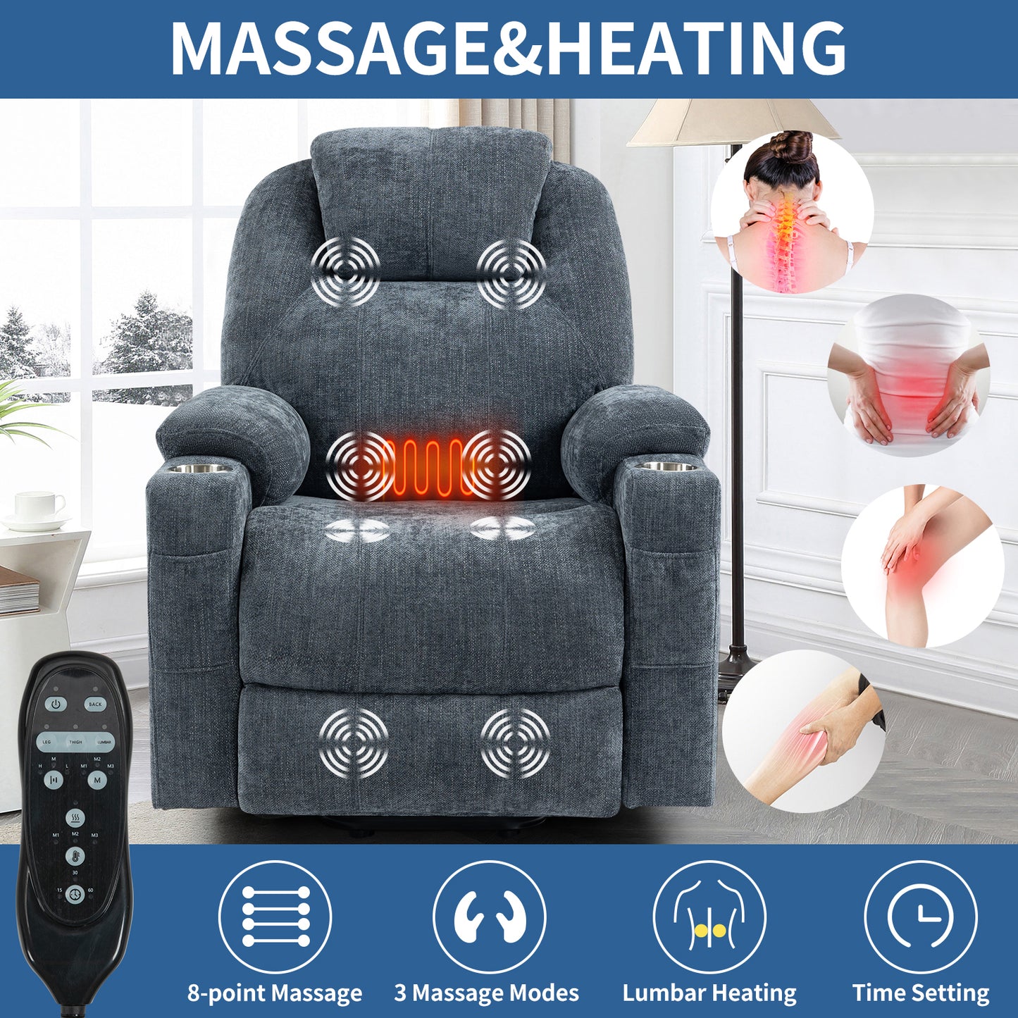 Okin Power Lift Chenille Recliner with Massage & Heat - Blue