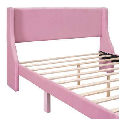 Renni Queen Size Velvet Platform Bed Frame with Drawer - Pink