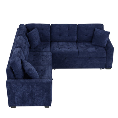 Novak L-shape Sofa Bed Pull-out Sleeper Sofa with Wheels - Navy Blue