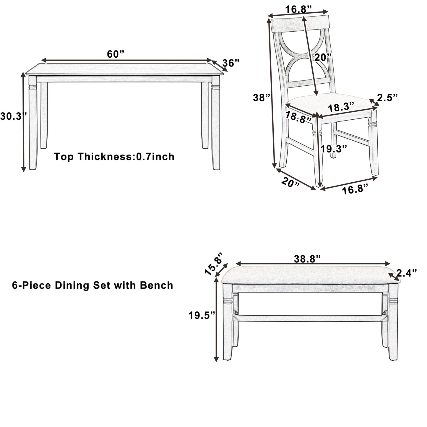 Venus 6pc Dining Set Dining Table 4x Side Chairs And Bench