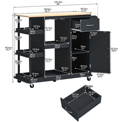 Elara Multipurpose Kitchen Cart Cabinet with Side Storage - Black