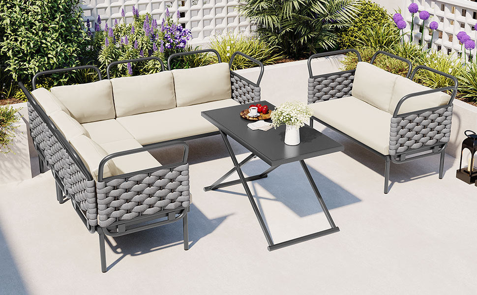 Rocio 5 Pc Patio Woven Rope Sectional Sofa Set - Gray+Beige