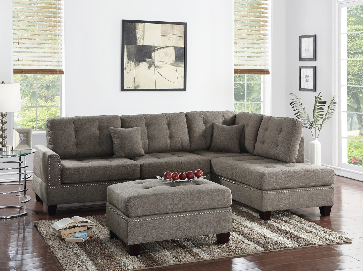 Amara 3pcs Sectional Reversible Chaise Sofa And Ottoman - Coffee