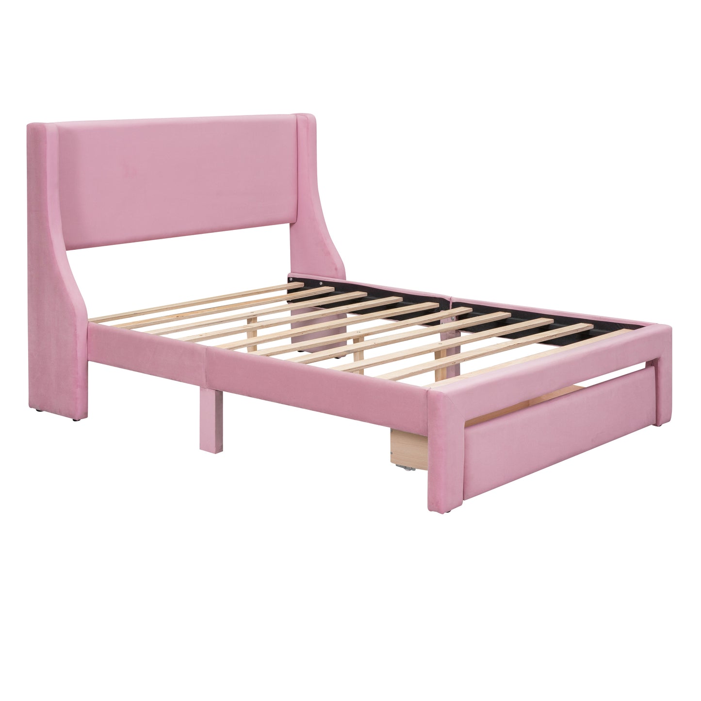 Renni Full Size Velvet Platform Bed Frame with Drawer - Pink