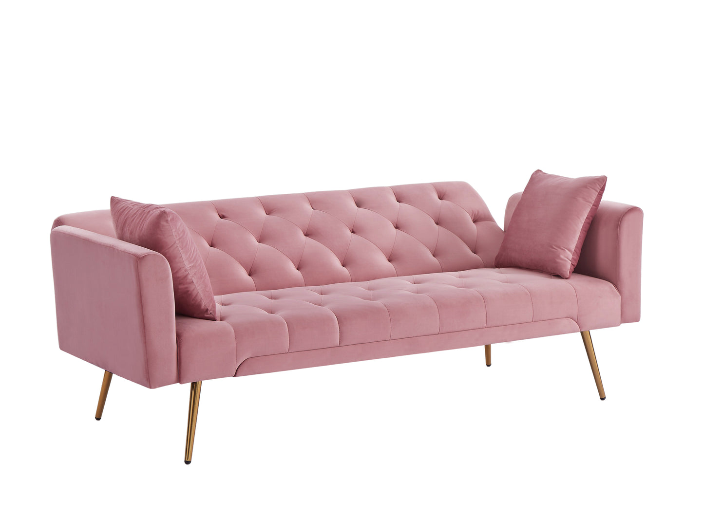 Tasa Velvet Futon Sofa Bed with Metal Legs & 2 Pillows - Pink