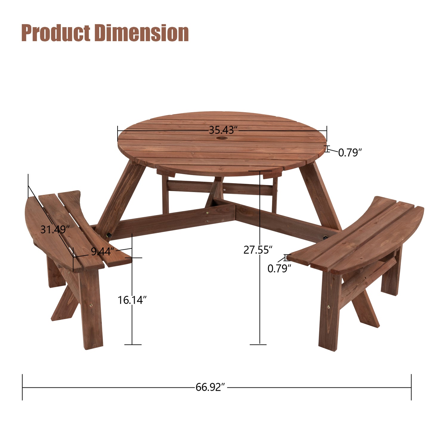 Nix 6-Person Circular Outdoor Wooden Picnic Table - Brown