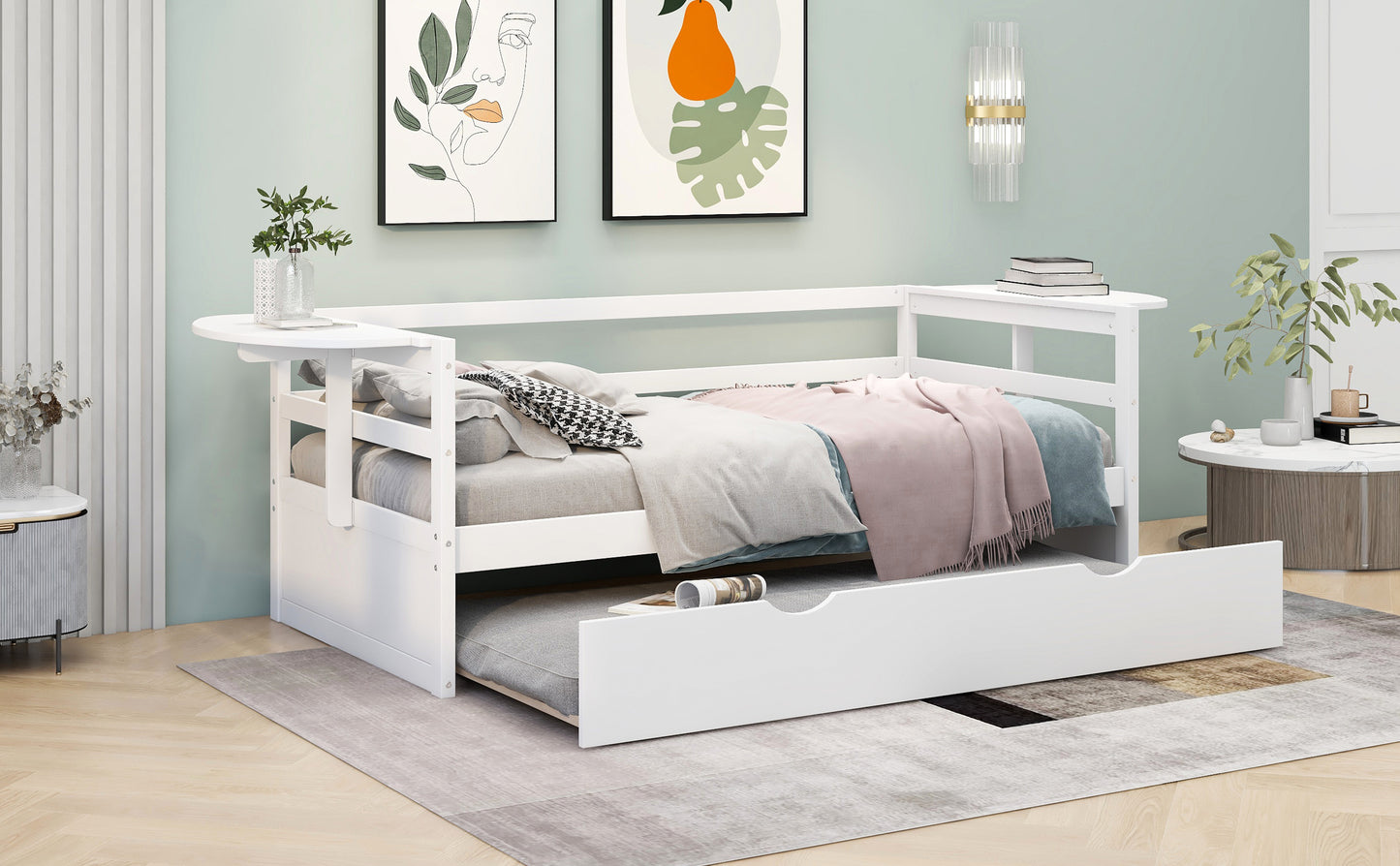 Tumo Twin Size Daybed with Trundle and Foldable Shelves - White