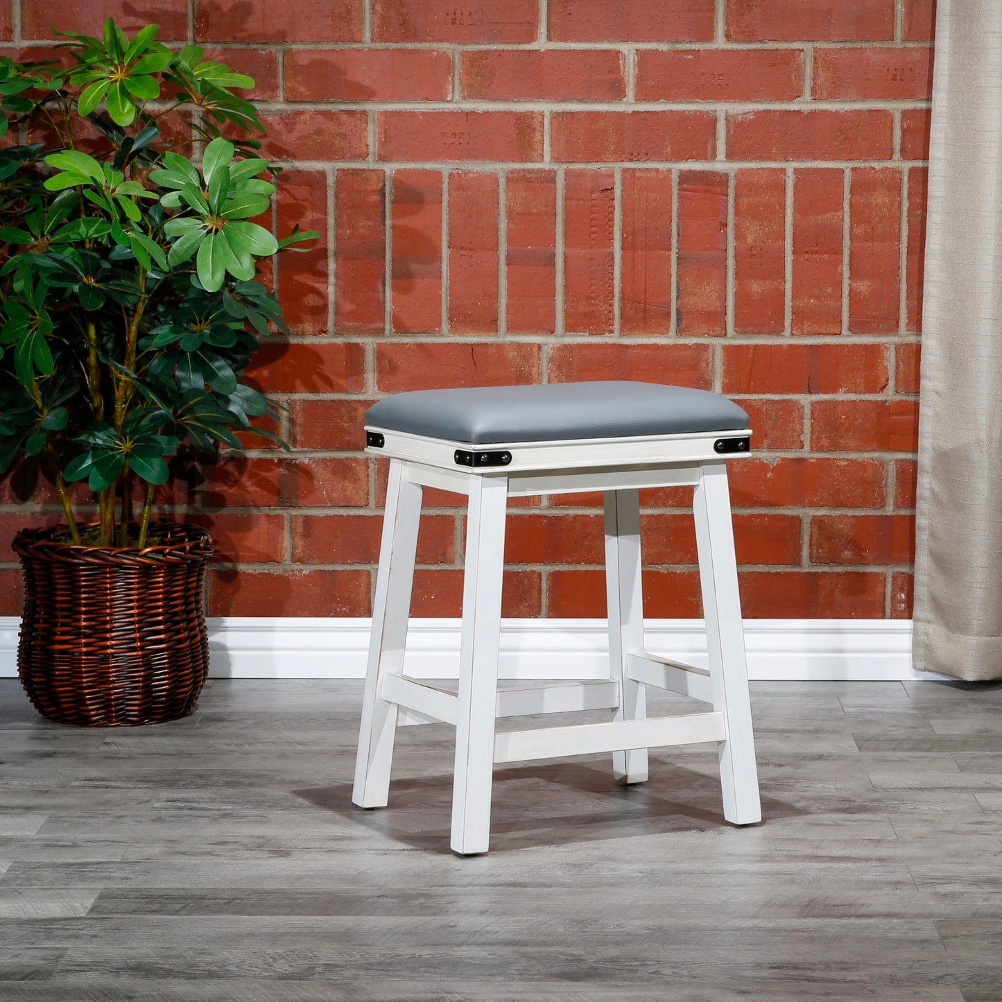 Flat Counter Stool, Antique White, Gray Leather Seat