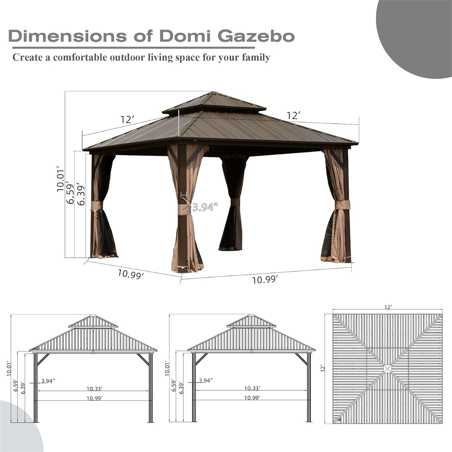 Emerson 12 X 12 ft Hardtop Gazebo - Brown