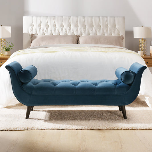 Alma Tufted Flared Arm Velvet Bench - Blue