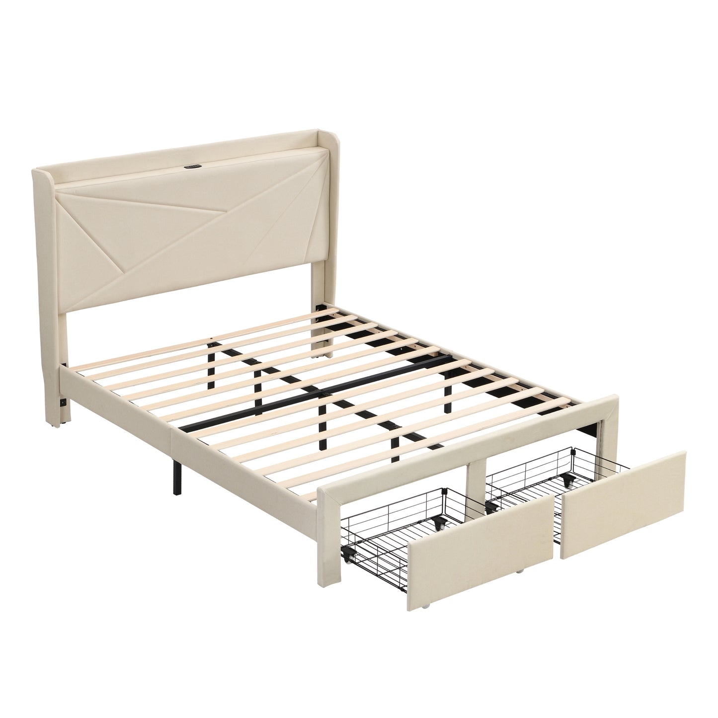 Craven Queen Size Bed Frame with 2 Storage Drawers - Beige