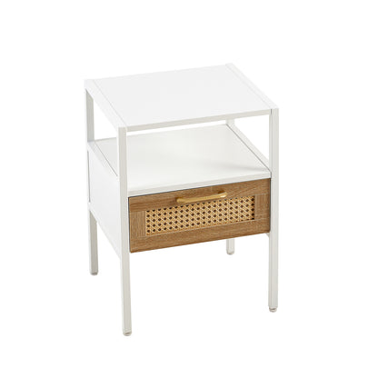 Rattan End table with  drawer Modern nightstand - White