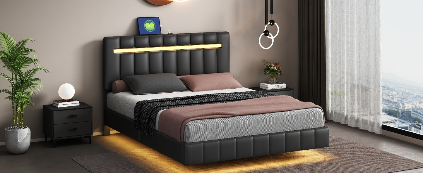 Marc II Queen Size Floating Bed Frame with LED - Black