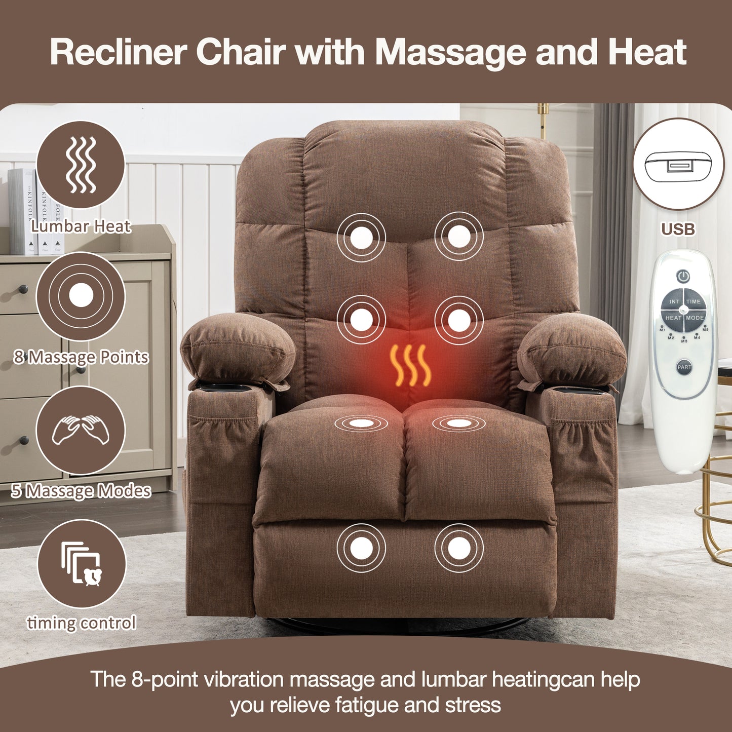 Tulano Oversized Power Recliner with Massage - Brown