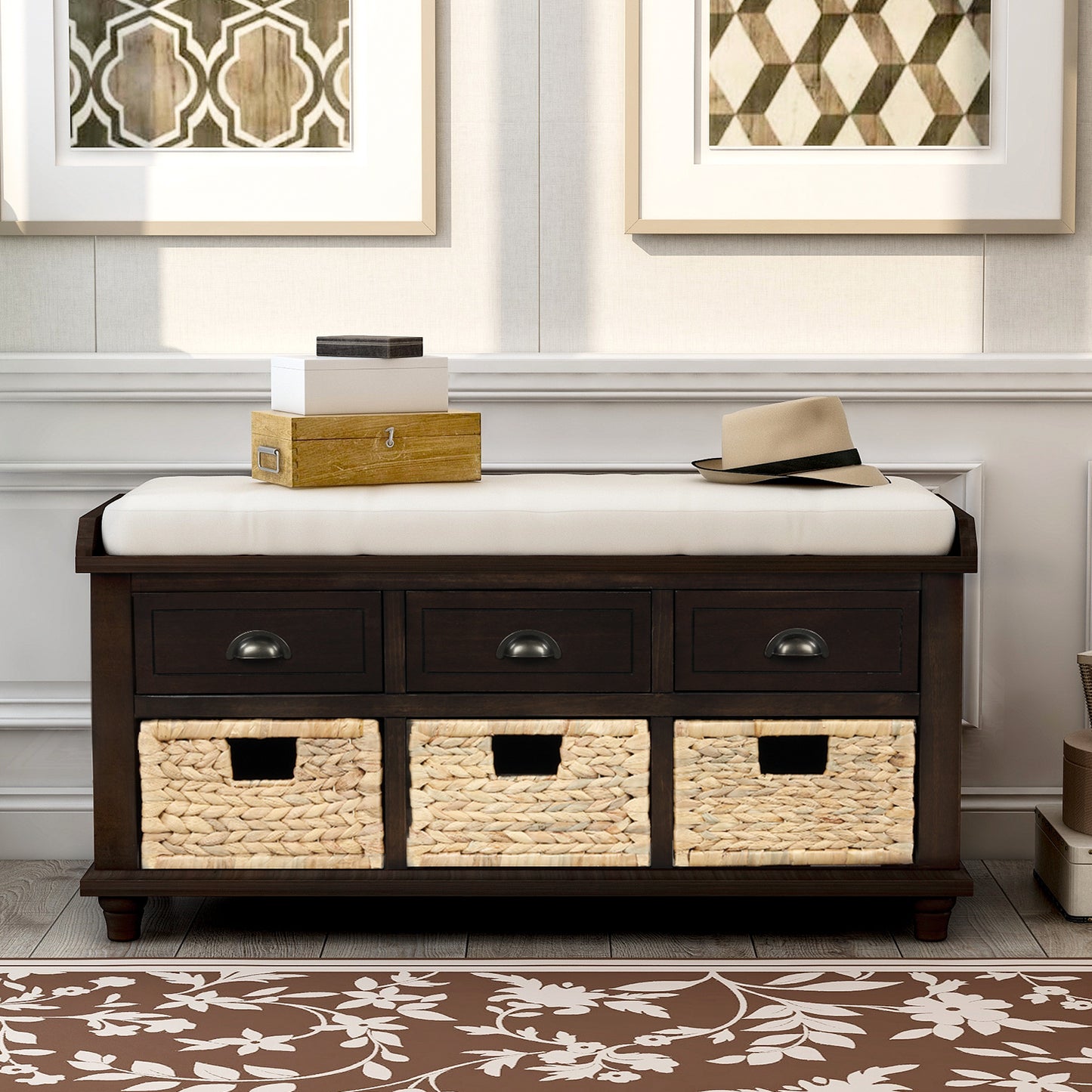 Rustic Storage Bench with 3 Drawers and 3 Rattan Baskets - Espresso