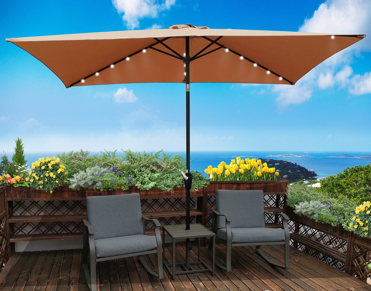 Joya 10 x 6.5 ft Patio Solar LED Umbrellas  with Crank - Brown