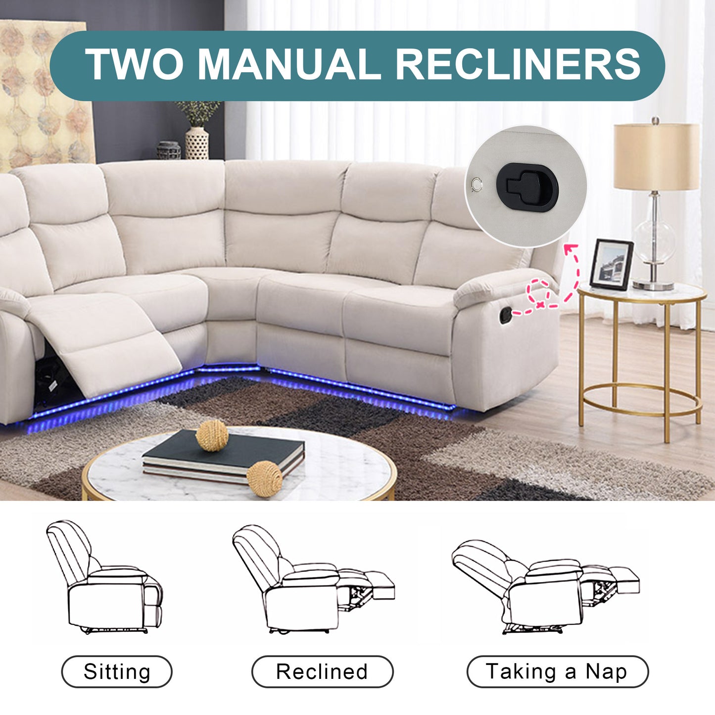 Maria Manual Recliner Chairs Set with LED Light Strip - Beige