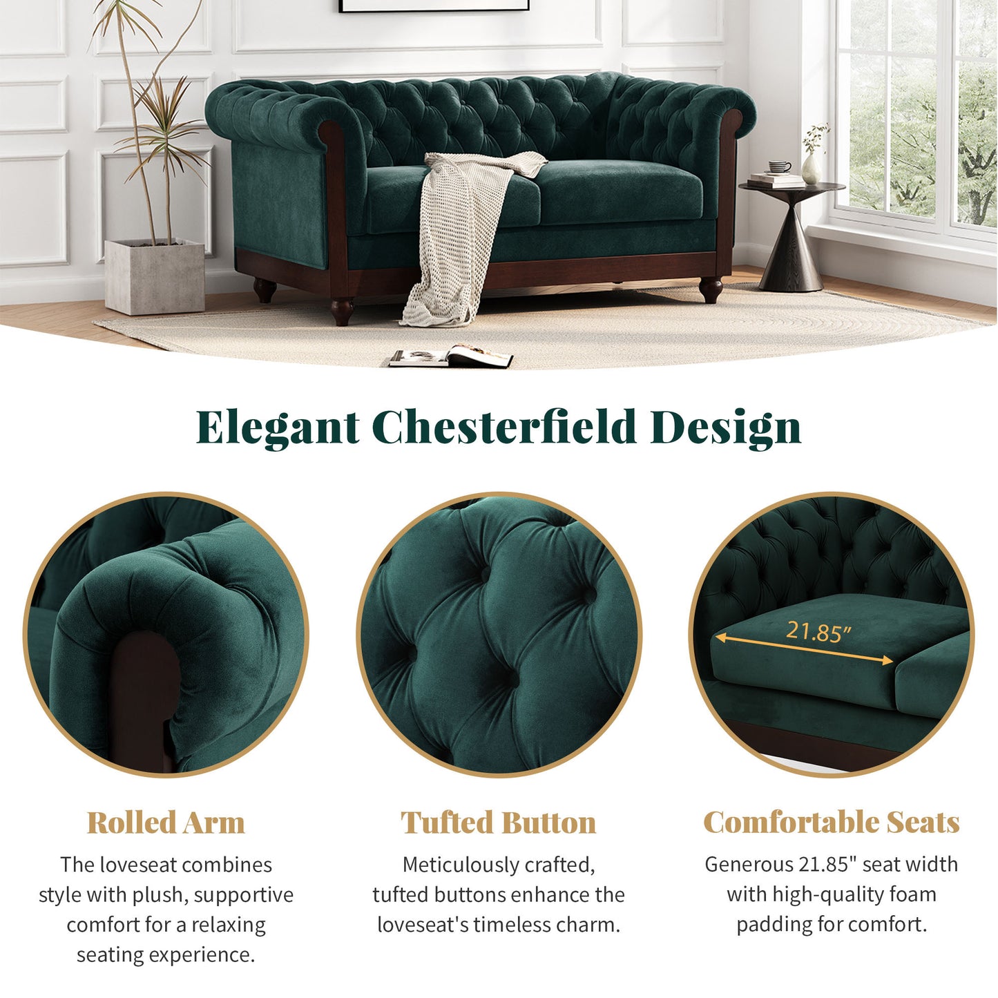 Vivalux Velvet Loveseat Sofa - Dark Green