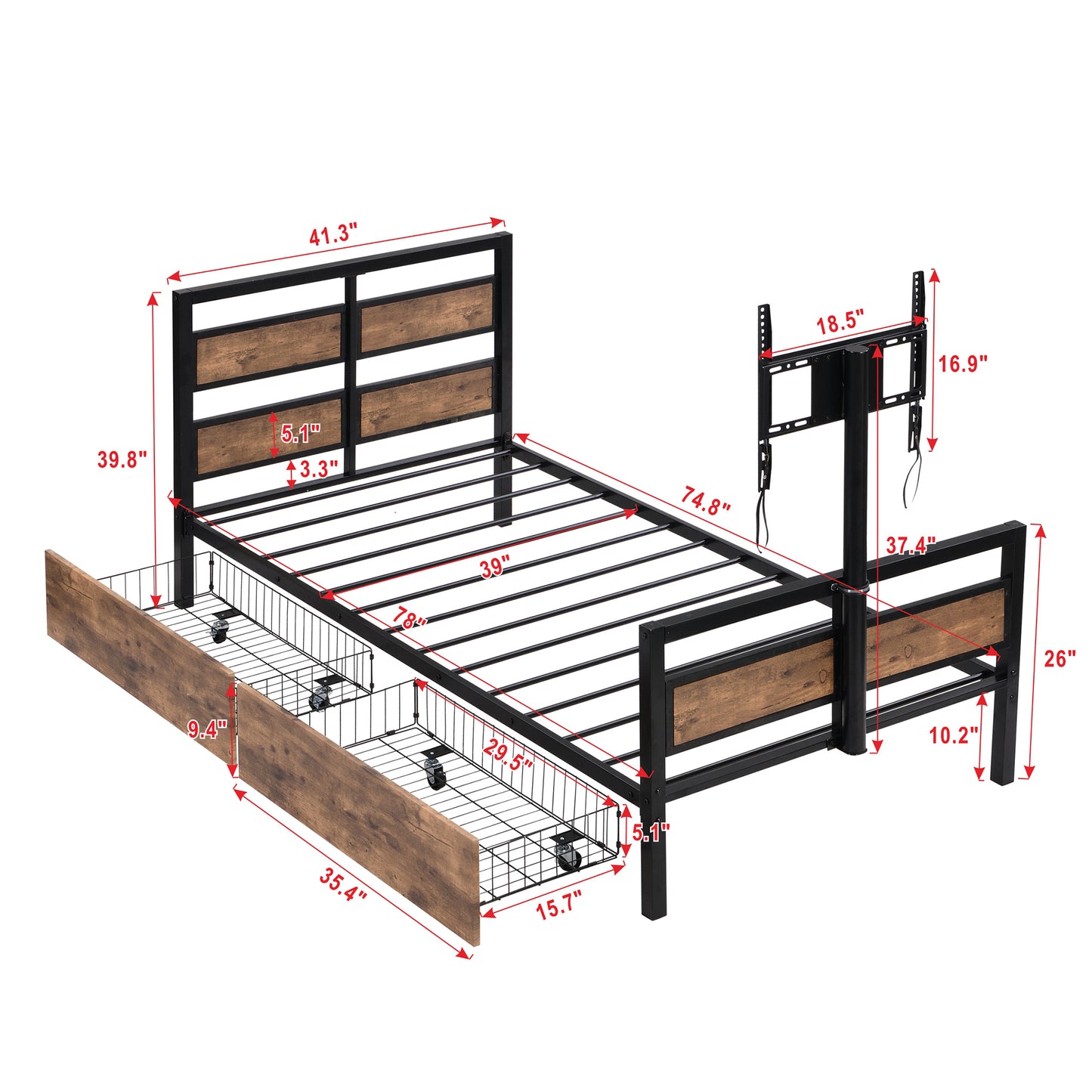 Rosy Twin Size Metal Platform Bed w Rotatable TV Stand - Black