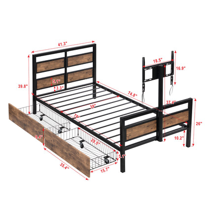 Rosy Twin Size Metal Platform Bed w Rotatable TV Stand - Black