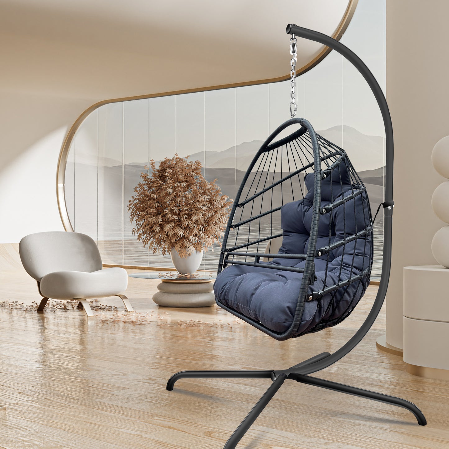 Tamura Patio Hanging Egg Chair with Stand - Black