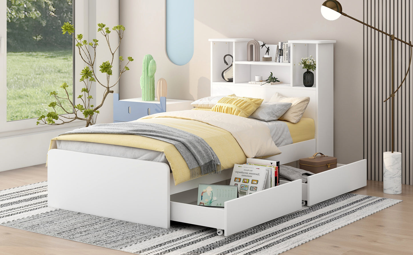 Taz Twin Size Platform Bed Frame with 4 Open Storage Shelves - White